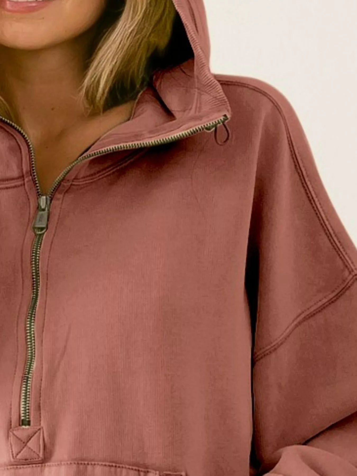 BiBi BiBi Stitch Detailed Elastic Hem Half Zip Fleece Hoodie