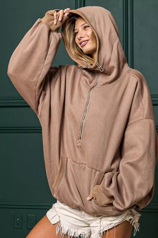 BiBi BiBi Stitch Detailed Elastic Hem Half Zip Fleece Hoodie