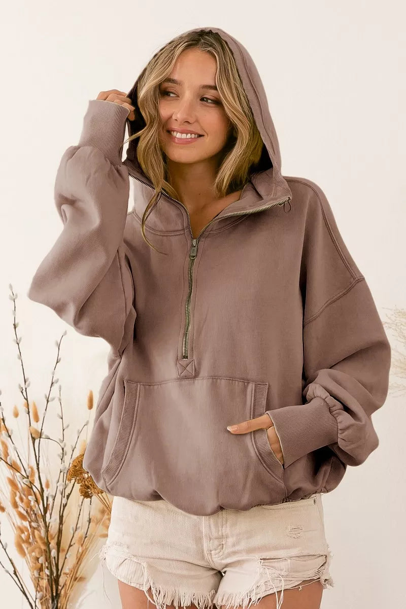 BiBi BiBi Stitch Detailed Elastic Hem Half Zip Fleece Hoodie