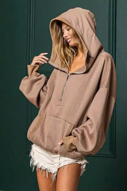 BiBi BiBi Stitch Detailed Elastic Hem Half Zip Fleece Hoodie