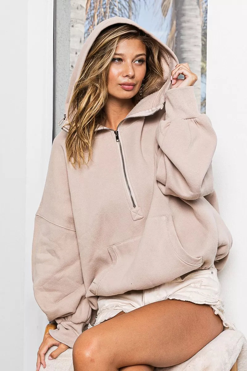 BiBi BiBi Stitch Detailed Elastic Hem Half Zip Fleece Hoodie