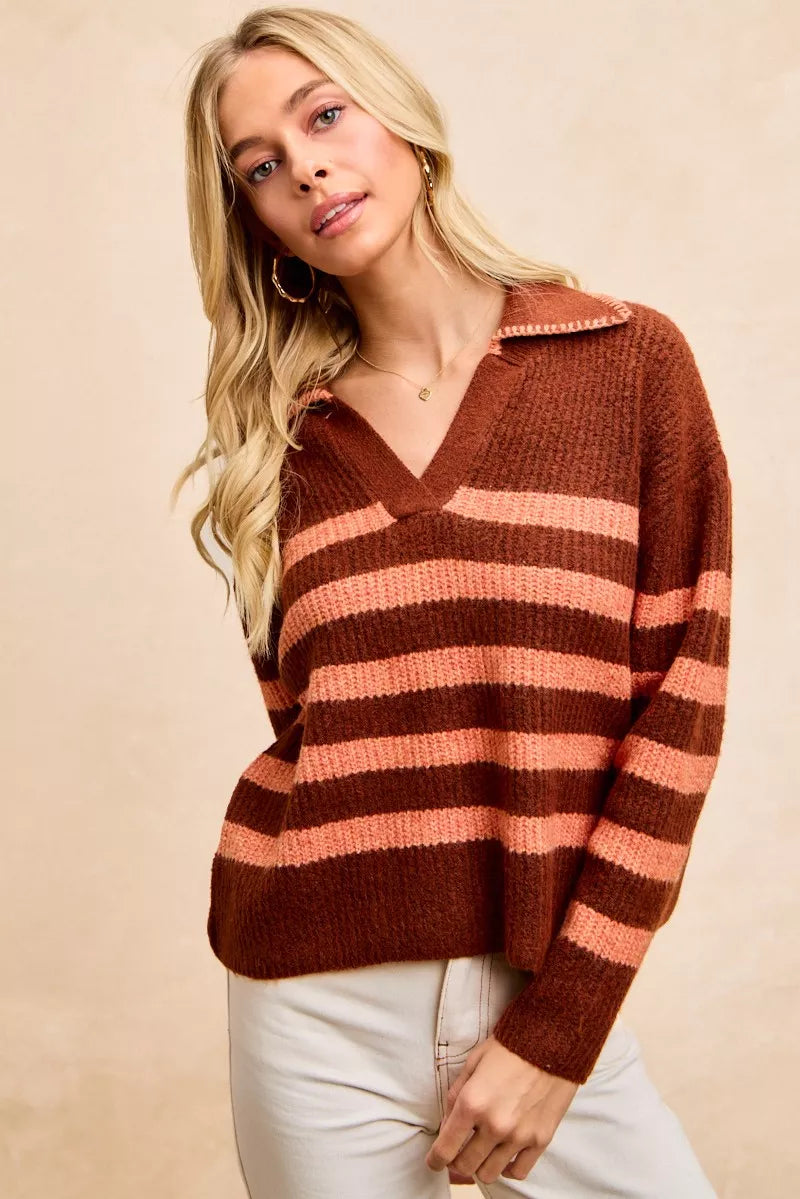 BiBi BiBi Striped Sweater Top with Collar Stitched Details