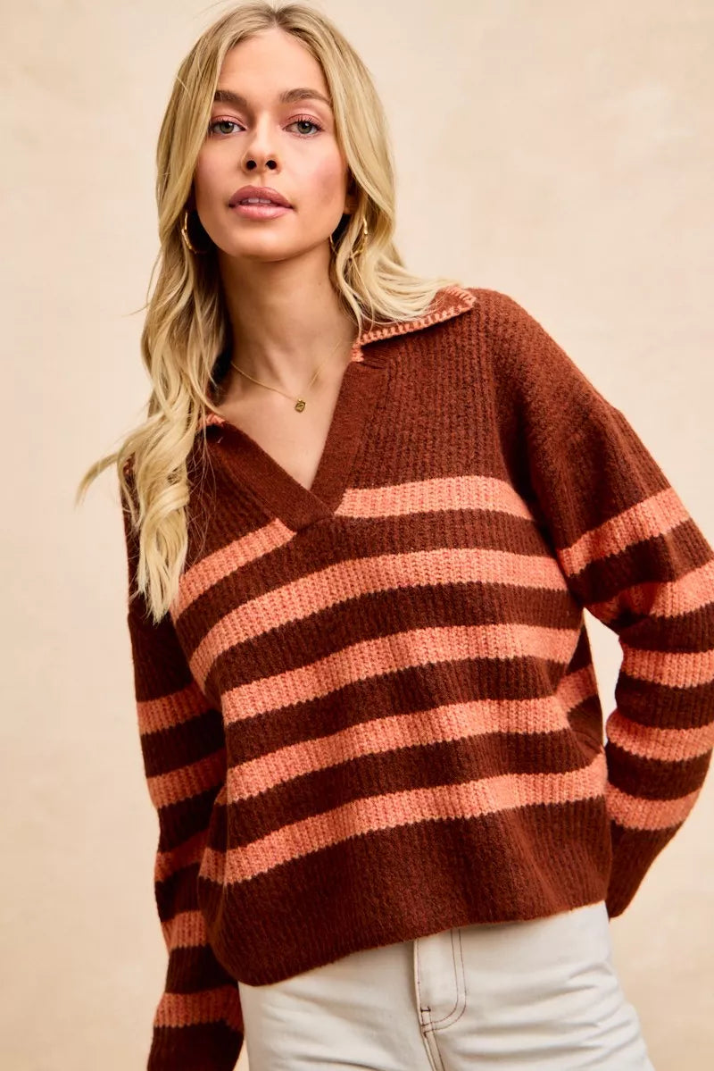BiBi BiBi Striped Sweater Top with Collar Stitched Details