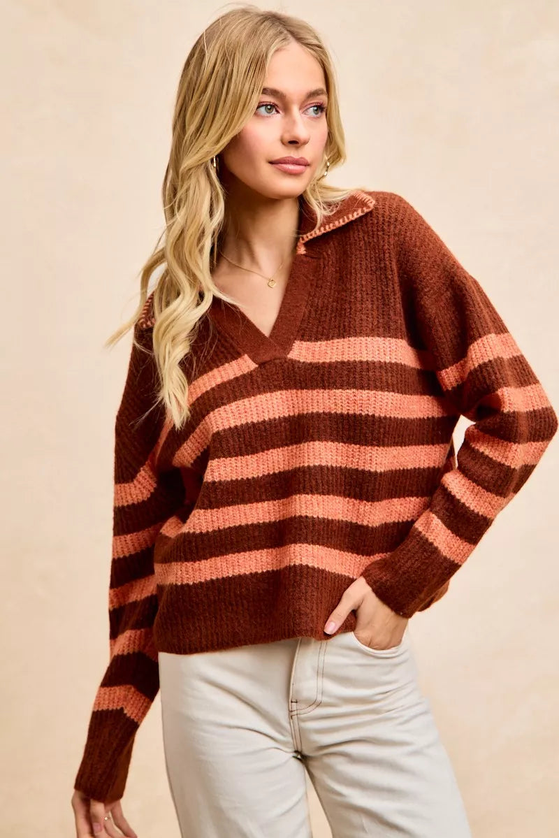 BiBi BiBi Striped Sweater Top with Collar Stitched Details