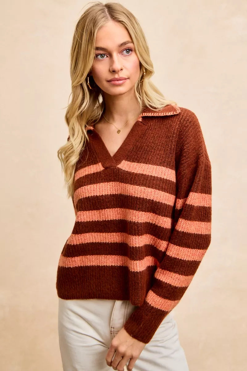 BiBi BiBi Striped Sweater Top with Collar Stitched Details