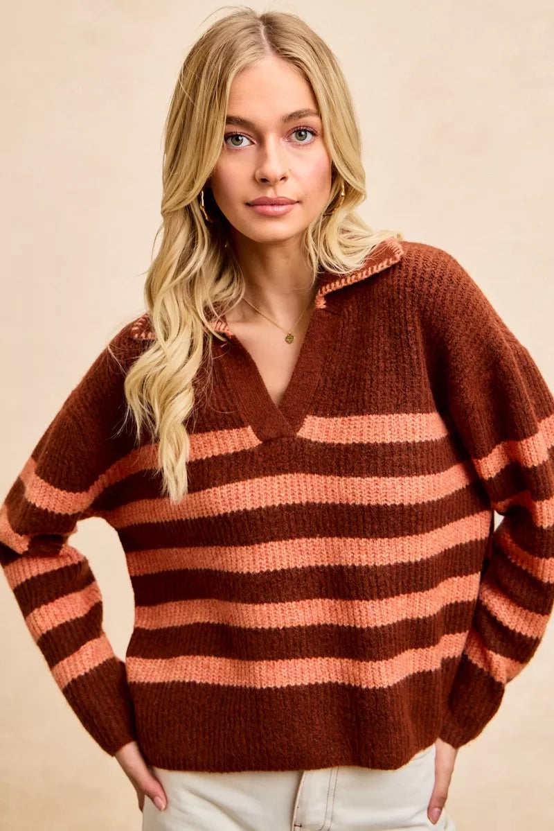 BiBi BiBi Striped Sweater Top with Collar Stitched Details