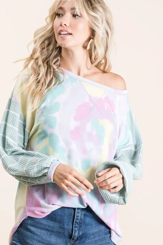 BiBi BiBi Tie Dye Terry Top with Wide Stripe Thermal Waffle