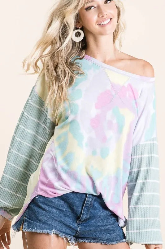BiBi BiBi Tie Dye Terry Top with Wide Stripe Thermal Waffle