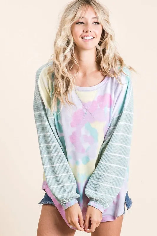 BiBi BiBi Tie Dye Terry Top with Wide Stripe Thermal Waffle