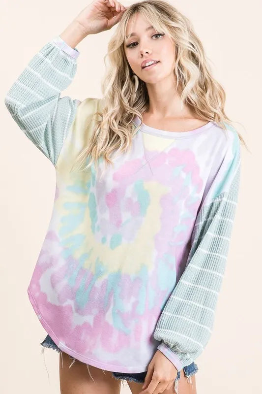 BiBi BiBi Tie Dye Terry Top with Wide Stripe Thermal Waffle