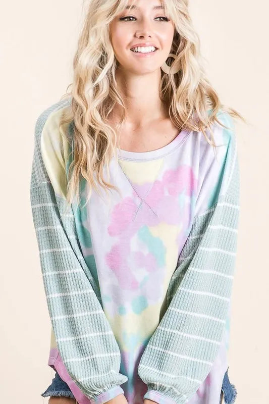 BiBi BiBi Tie Dye Terry Top with Wide Stripe Thermal Waffle