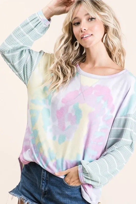 BiBi BiBi Tie Dye Terry Top with Wide Stripe Thermal Waffle