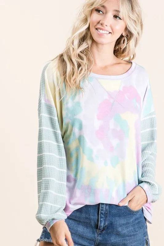 BiBi BiBi Tie Dye Terry Top with Wide Stripe Thermal Waffle