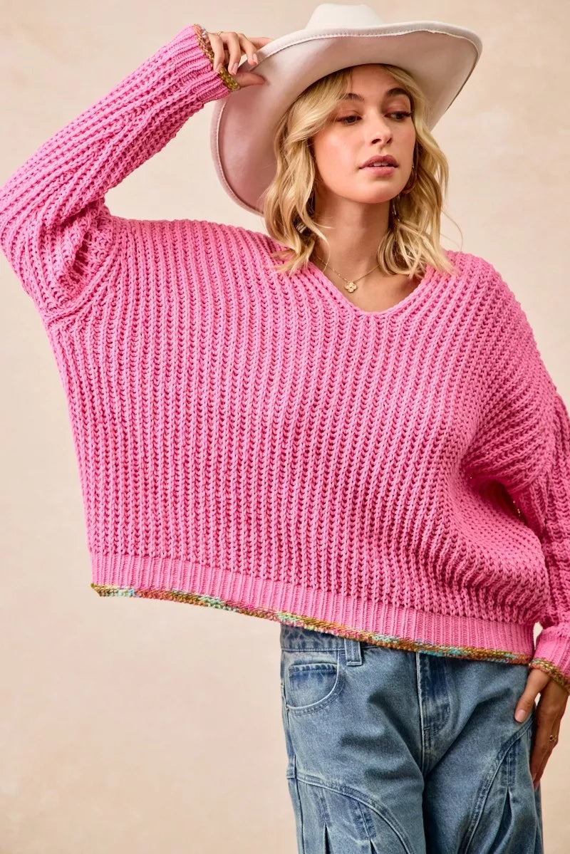 BiBi BiBi V-Neck Sweater with Colorful Trim