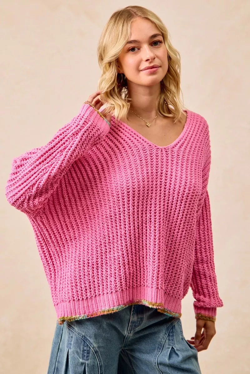 BiBi BiBi V-Neck Sweater with Colorful Trim