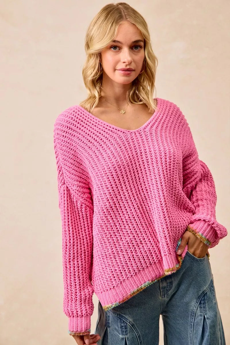 BiBi BiBi V-Neck Sweater with Colorful Trim