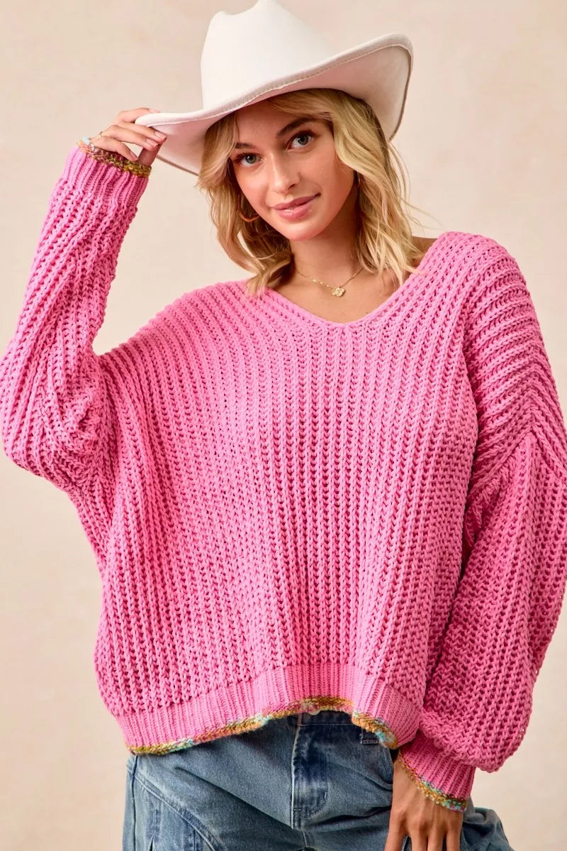 BiBi BiBi V-Neck Sweater with Colorful Trim