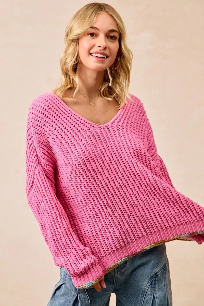 BiBi BiBi V-Neck Sweater with Colorful Trim