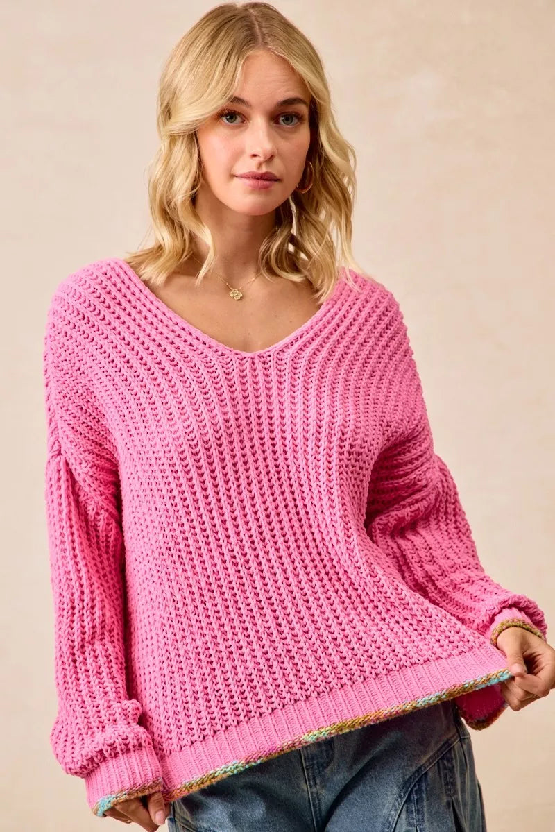 BiBi BiBi V-Neck Sweater with Colorful Trim