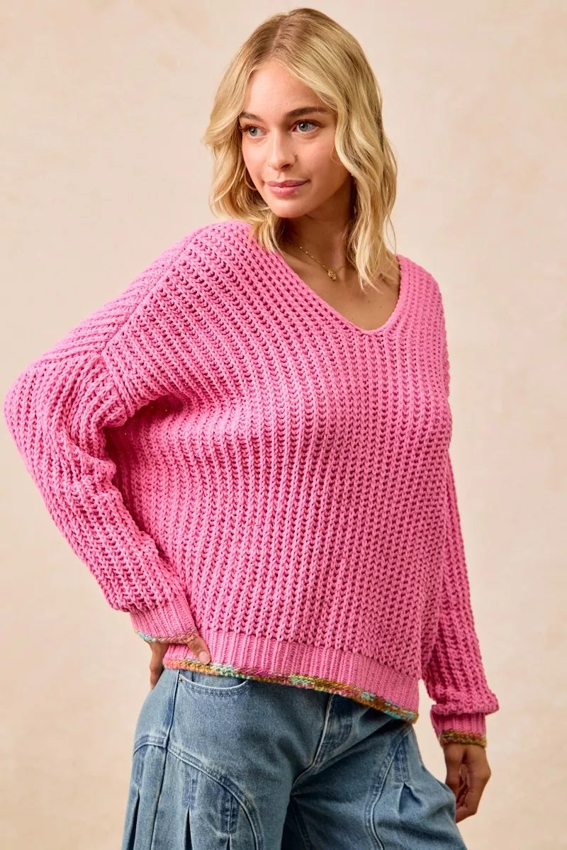 BiBi BiBi V-Neck Sweater with Colorful Trim