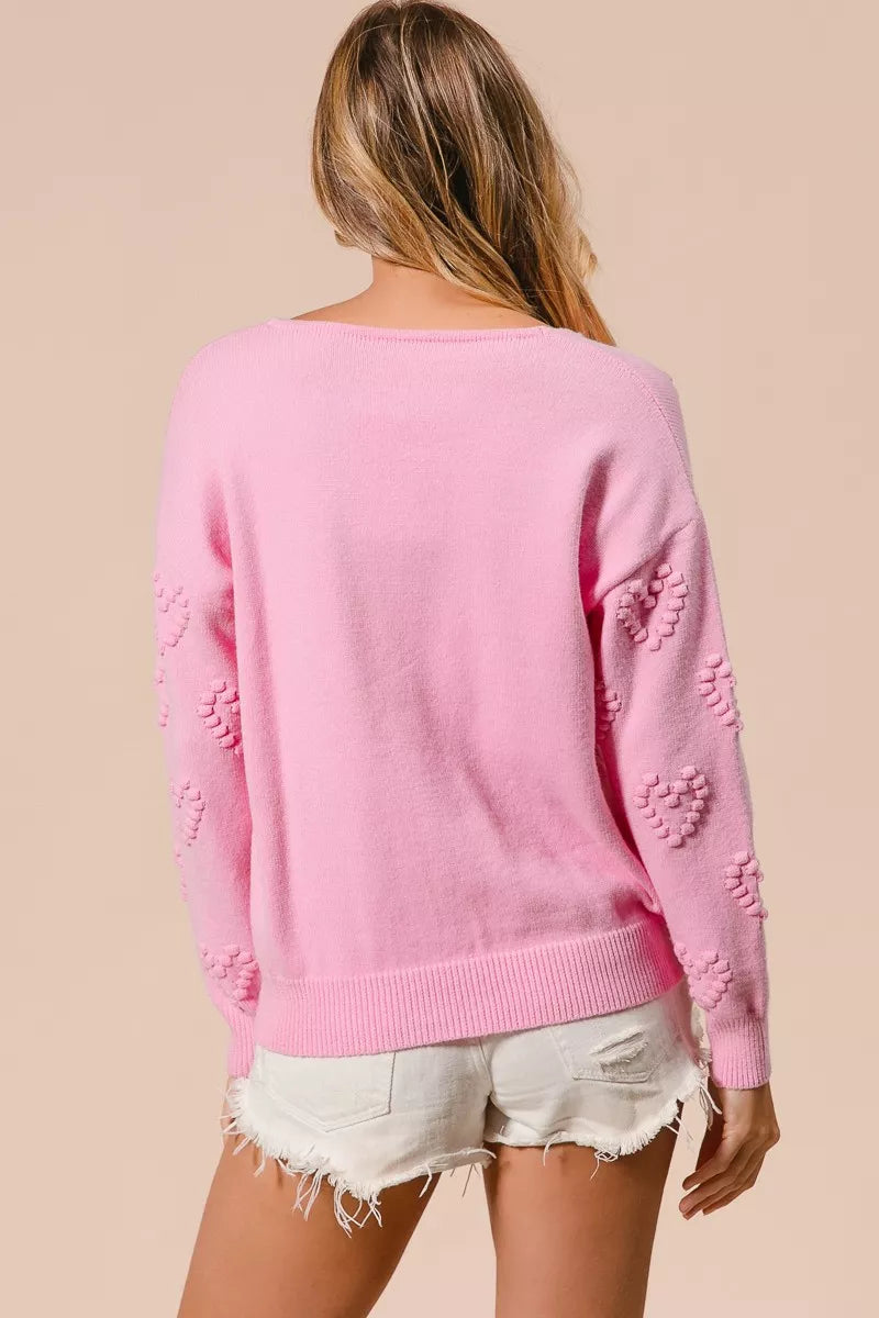 BiBi BiBi Valentines Heart Pompom V Neck Knit Top