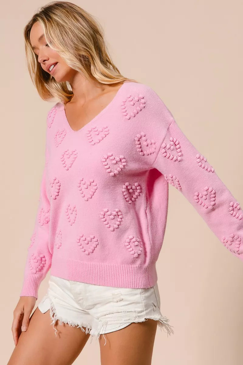 BiBi BiBi Valentines Heart Pompom V Neck Knit Top