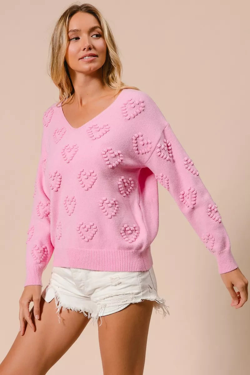 BiBi BiBi Valentines Heart Pompom V Neck Knit Top