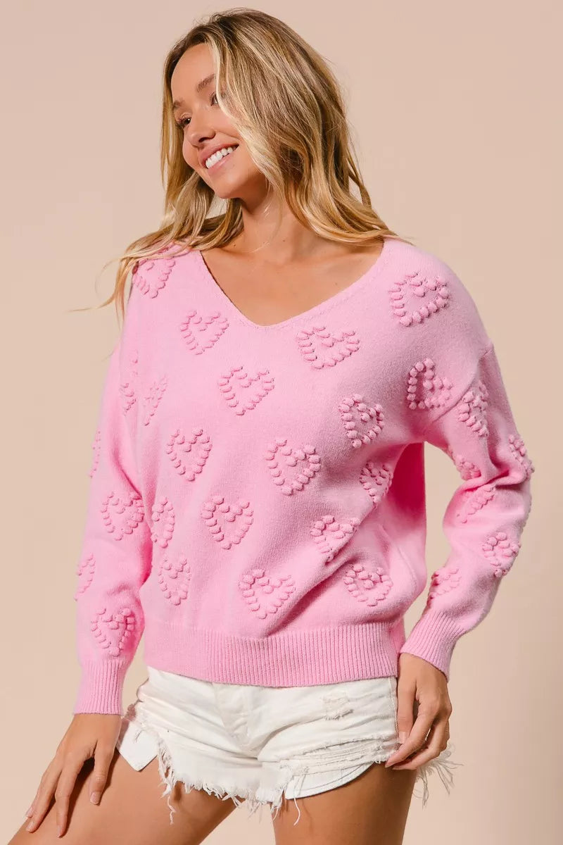 BiBi BiBi Valentines Heart Pompom V Neck Knit Top