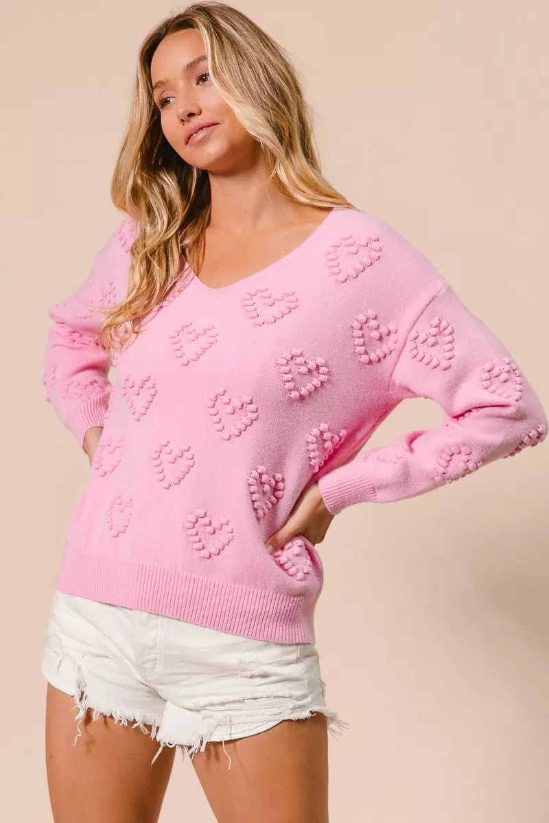 BiBi BiBi Valentines Heart Pompom V Neck Knit Top