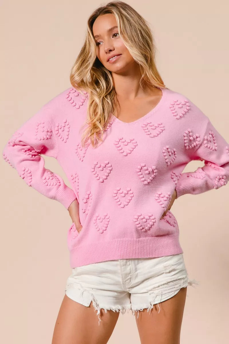 BiBi BiBi Valentines Heart Pompom V Neck Knit Top