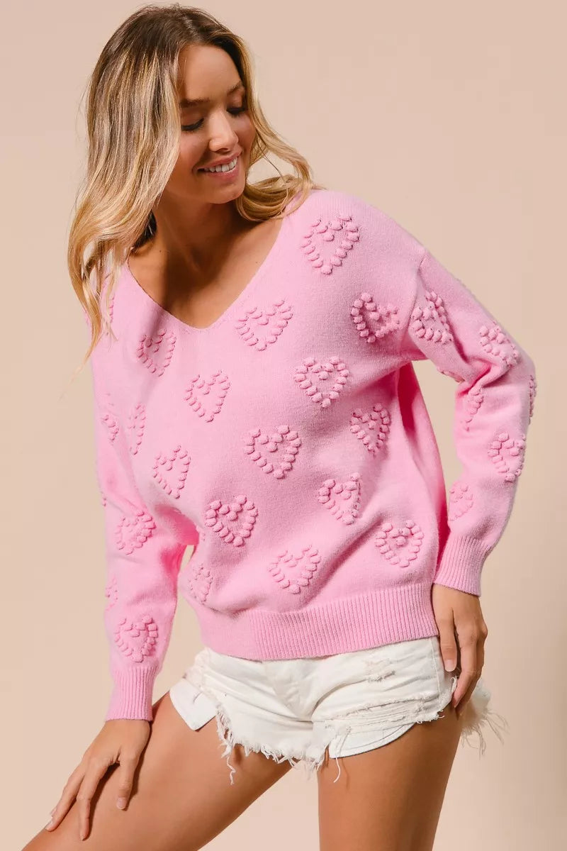 BiBi BiBi Valentines Heart Pompom V Neck Knit Top