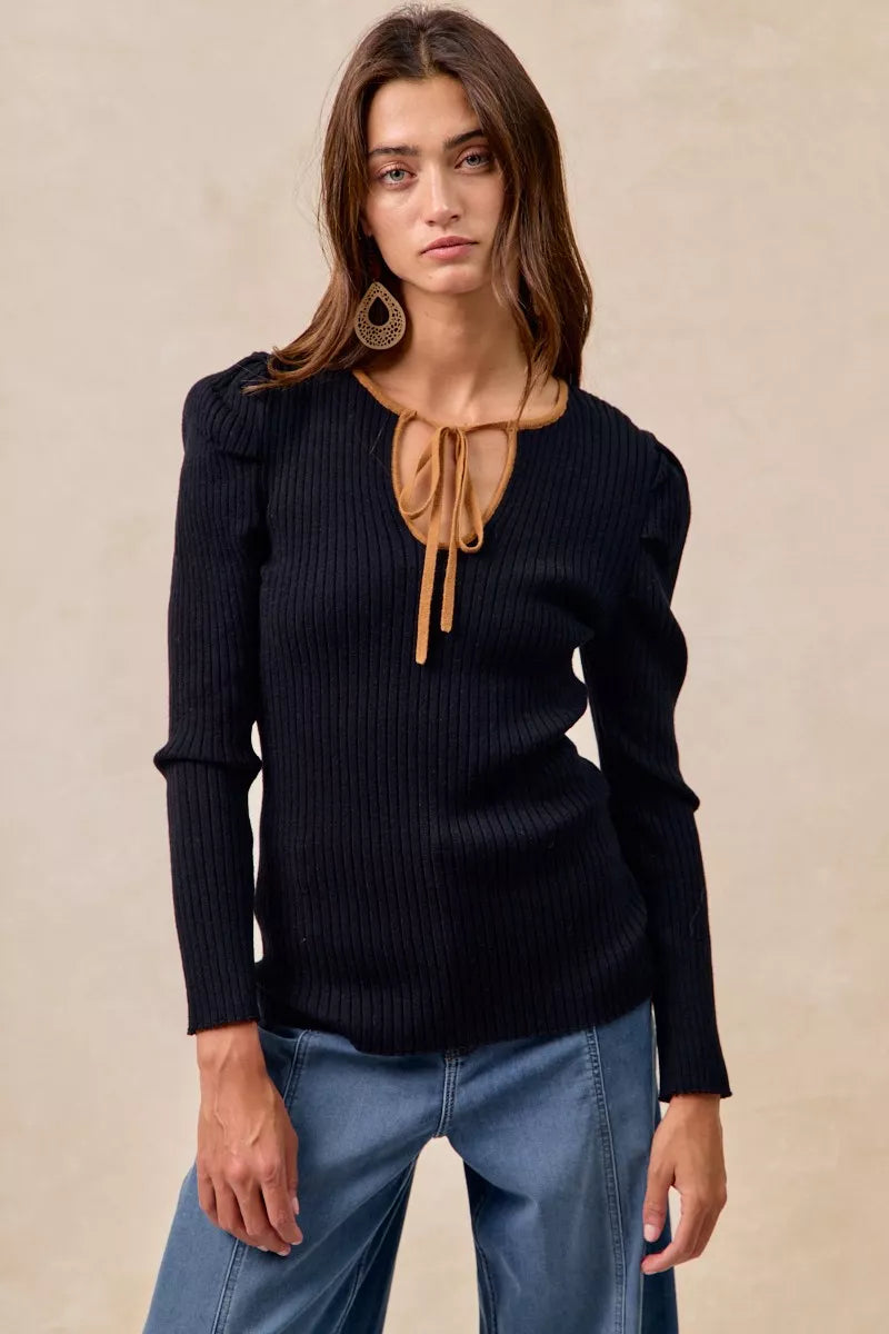 BiBi BLACK/CAMEL / S BiBi Ribbed Contrast Front Tied Top with Shrried