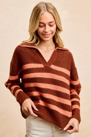 BiBi BRICK/TERRACOTTA / S BiBi Striped Sweater Top with Collar Stitched Details