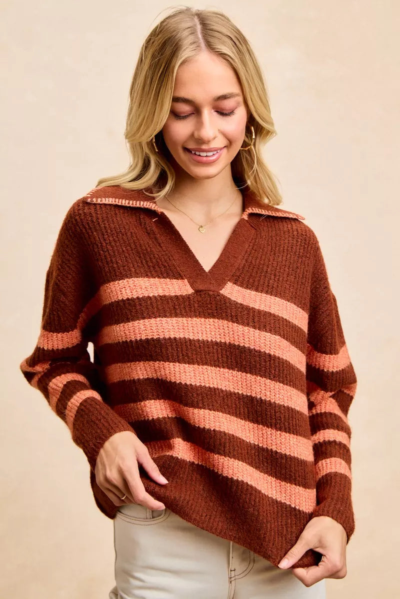 BiBi BRICK/TERRACOTTA / S BiBi Striped Sweater Top with Collar Stitched Details