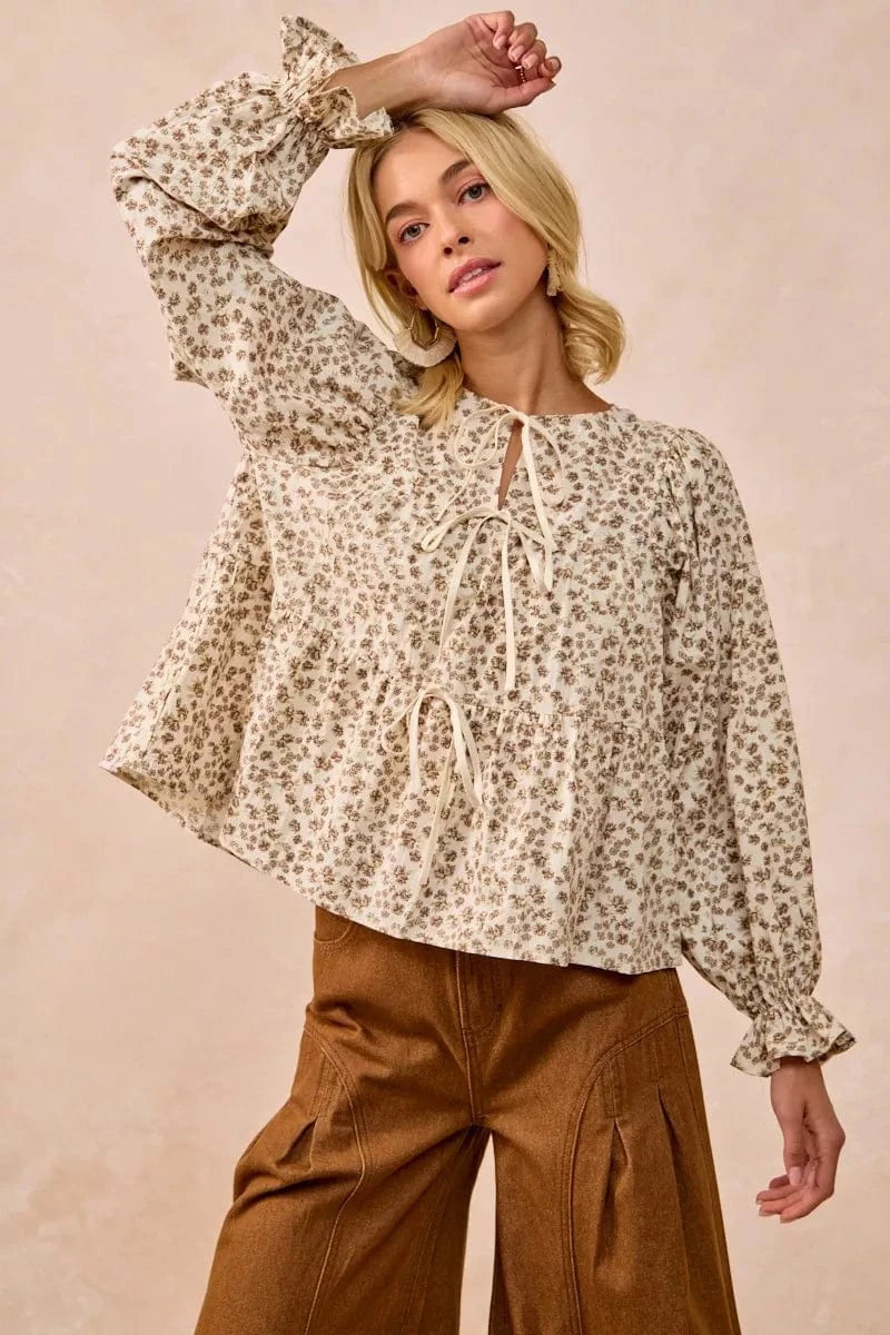 BiBi Clothing & Accessories OATMEAL / S BiBi Floral Printed Peplum Blouse with Shirring and Tied