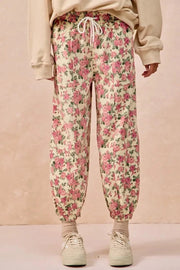 BiBi CREAM/PINK / S BiBi Floral Printed Twill Drawstring Pants With Elastic Band
