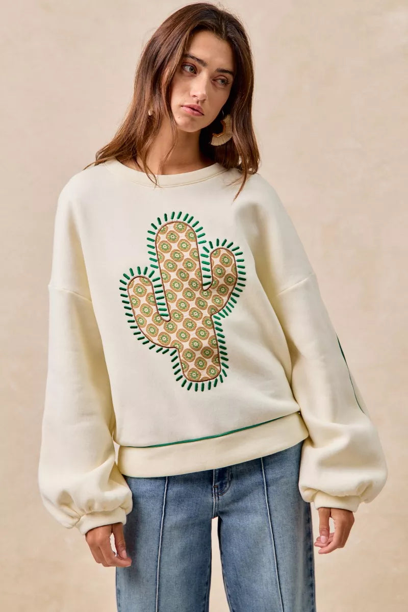 BiBi CREAM / S BiBi Cactus Embroidered Fleece Sweatshirt