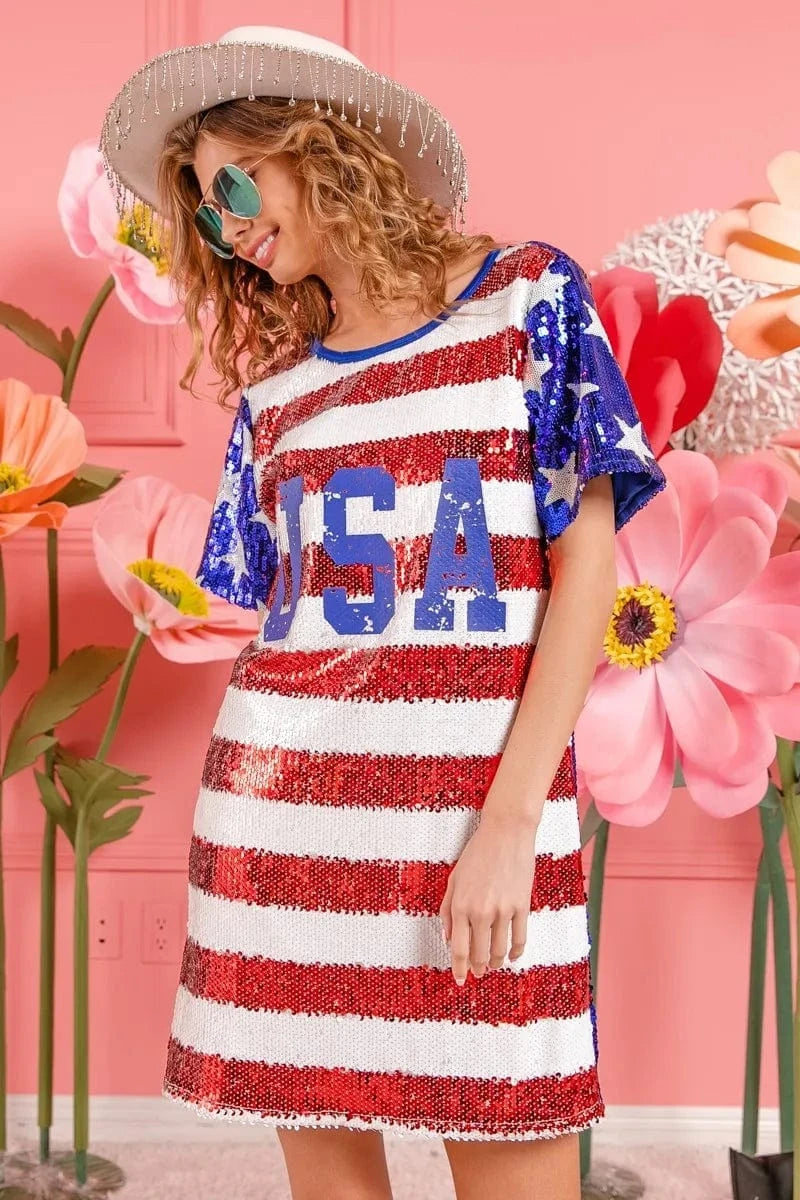 BiBi dresses AMERICAN FLAG / S BiBi American Flag Theme Usa Print Sequin Dress
