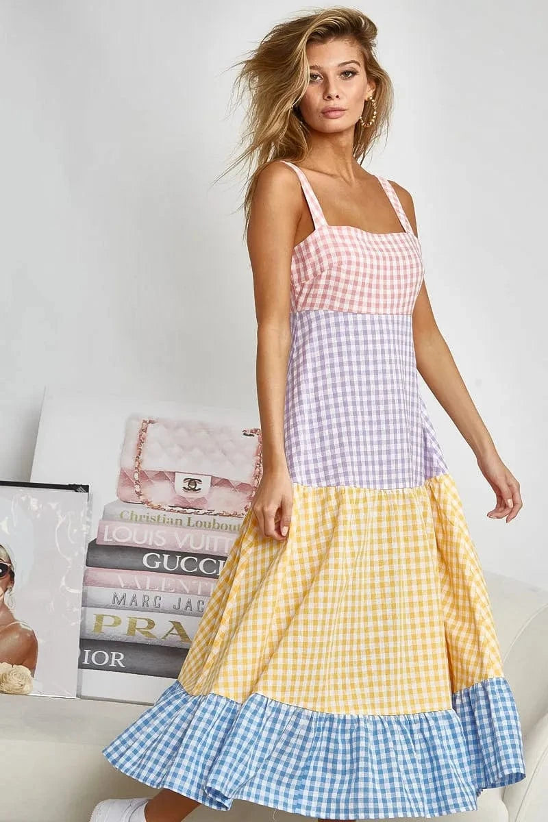 BiBi dresses BiBi Color Block Tiered Gingham Dress