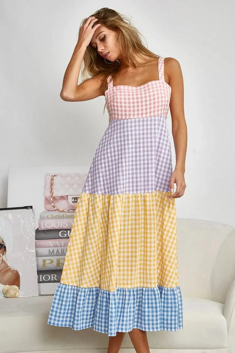 BiBi dresses BiBi Color Block Tiered Gingham Dress