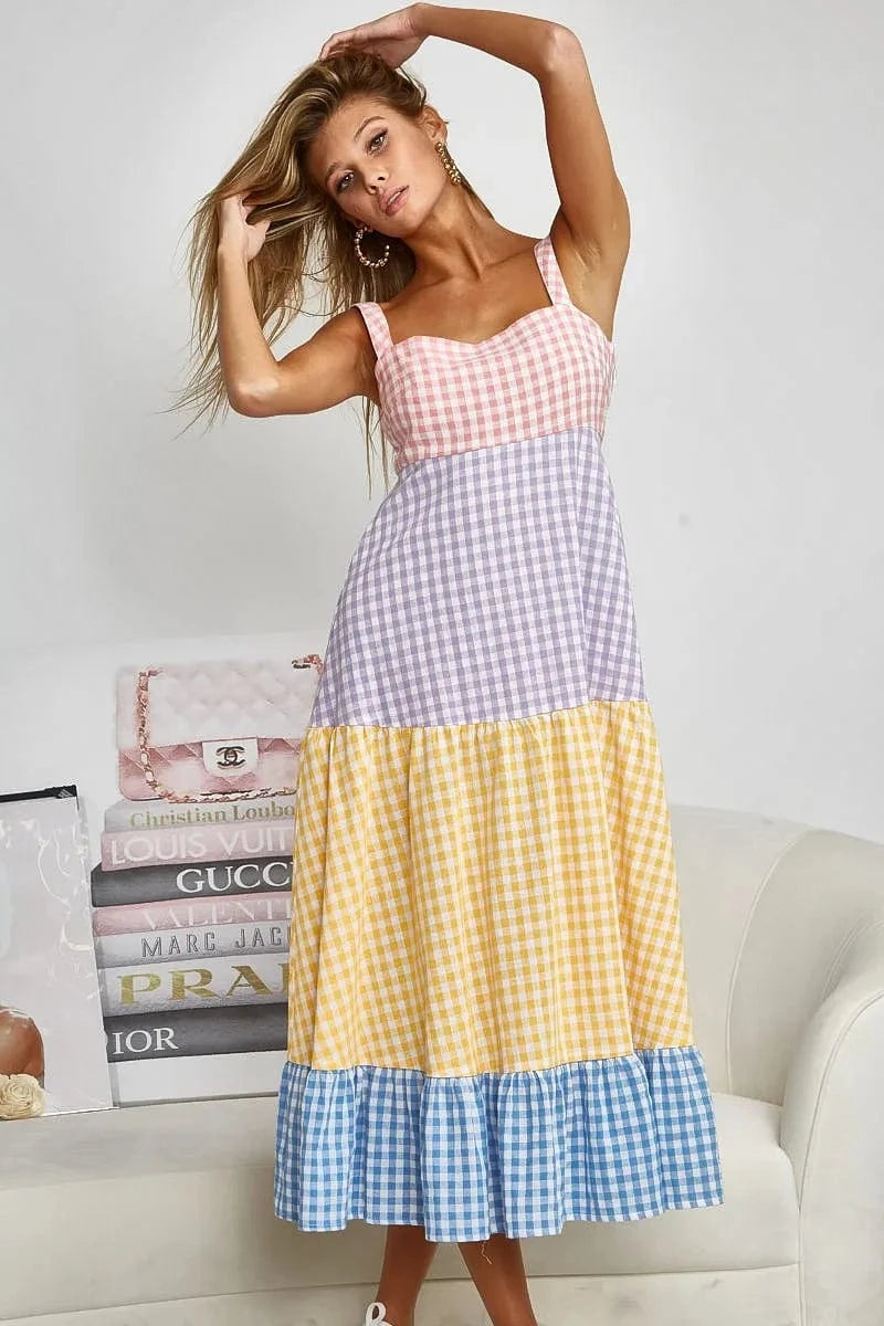 BiBi dresses BiBi Color Block Tiered Gingham Dress