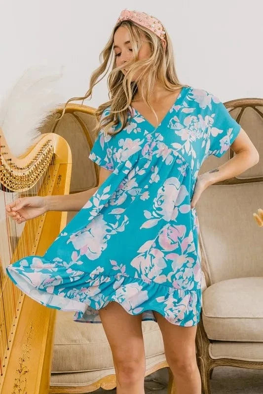 BiBi dresses BiBi Floral Crinkle Shirred Ruffle Detail V Neck Dress