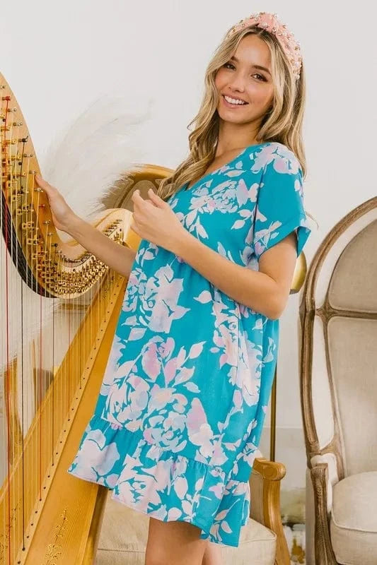 BiBi dresses BiBi Floral Crinkle Shirred Ruffle Detail V Neck Dress