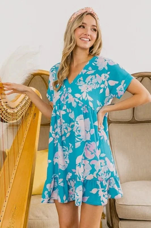 BiBi dresses BiBi Floral Crinkle Shirred Ruffle Detail V Neck Dress