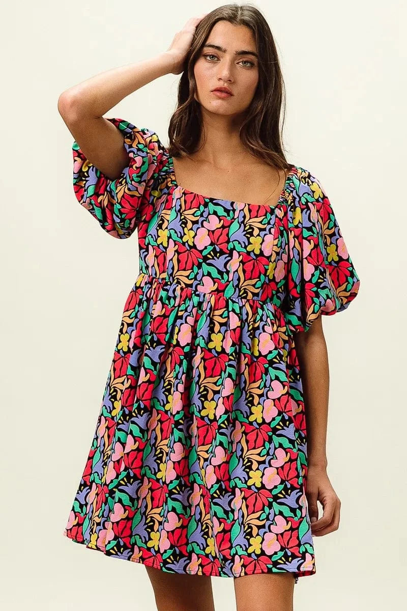 BiBi dresses BiBi Floral Print Puff Square Neck Dress