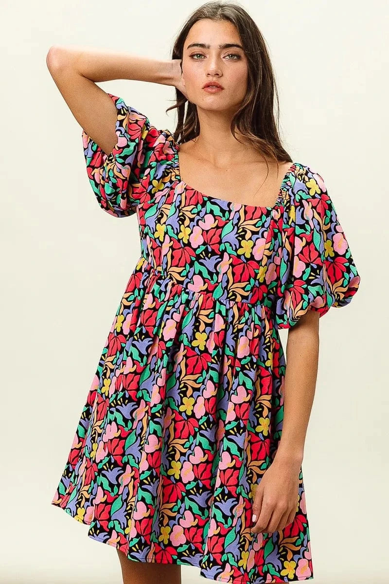 BiBi dresses BiBi Floral Print Puff Square Neck Dress