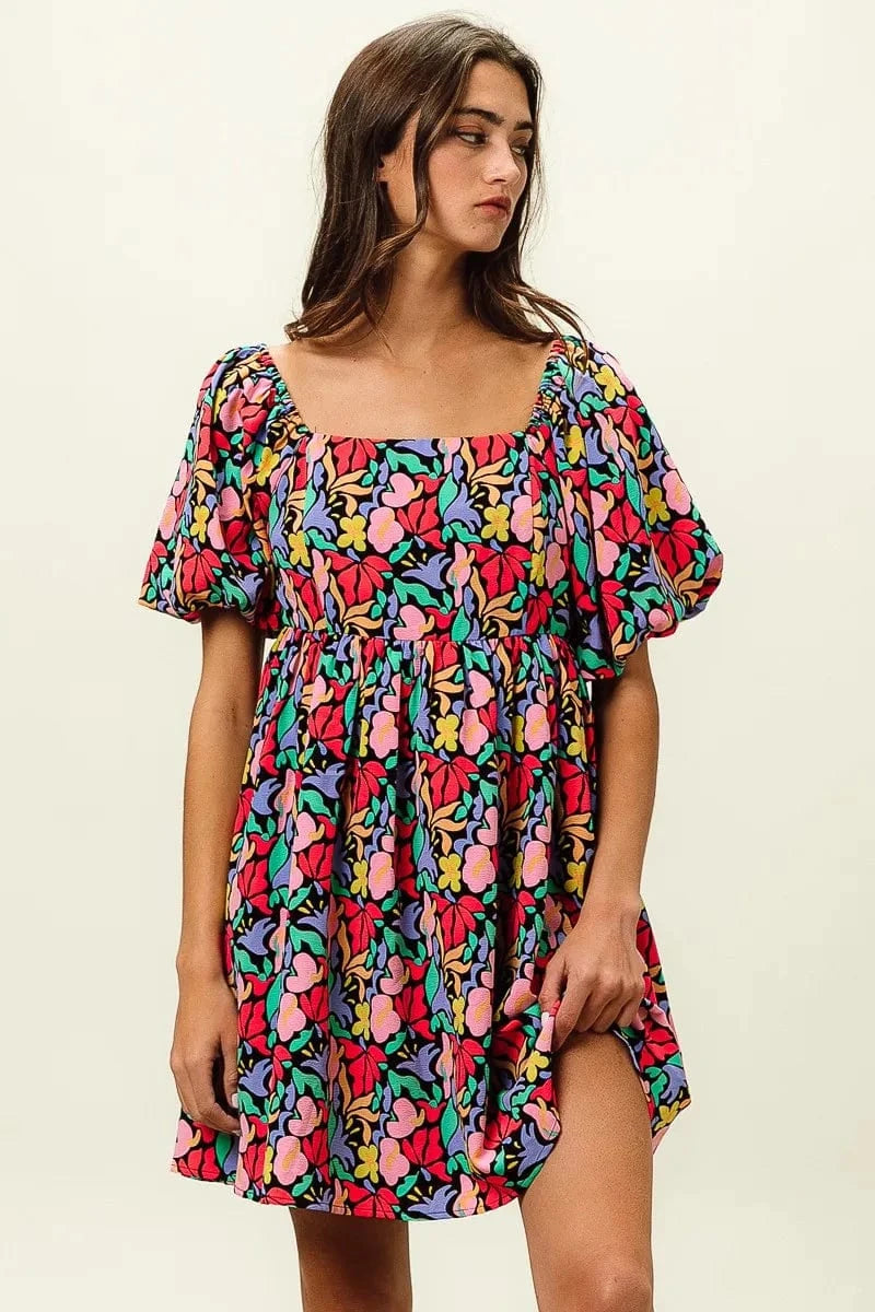 BiBi dresses BiBi Floral Print Puff Square Neck Dress