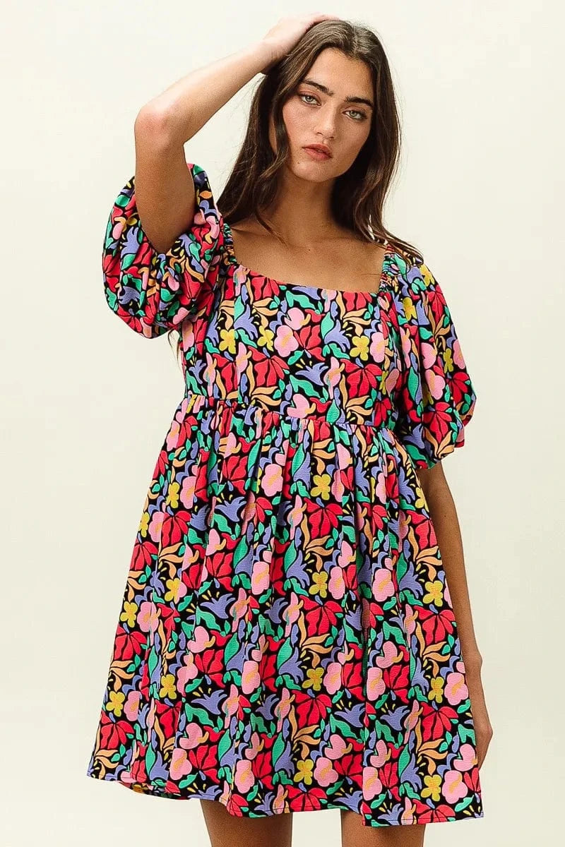 BiBi dresses BiBi Floral Print Puff Square Neck Dress