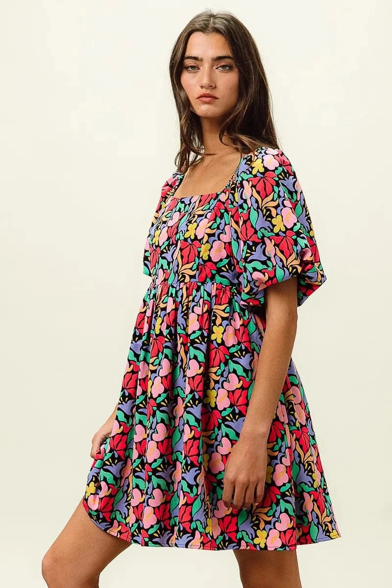 BiBi dresses BiBi Floral Print Puff Square Neck Dress