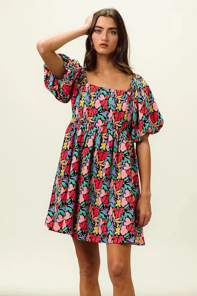 BiBi dresses BiBi Floral Print Puff Square Neck Dress